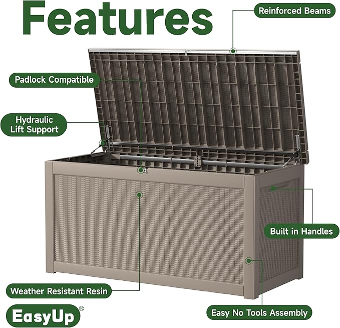 EasyUp 320 Gallon Outdoor Storage Box Waterproof, UV Resistant Resin Deck Box with Hydraulic Rod, Reinforced Stability for Patio, Garden, Rattan Gray