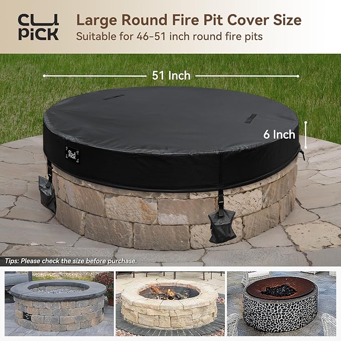 Outdoor Fire Pit Cover,In Ground Firepit Covers Round with Sandbag,600D Heavy Duty Waterproof and Tear-Resistant,Windproof,Suitable for 46-51 Inch Round Built in Stone Firepits,Black