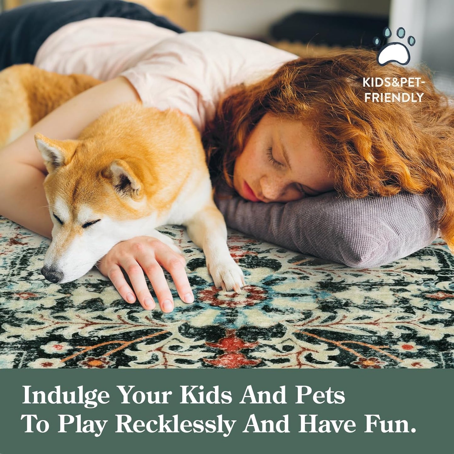 Lahome Bohemian Floral Medallion Area Rug - 4x6 Teal Soft Bedroom Rug Washable Entryway Mat, Non Slip Pet Friendly Indoor Floor Accent Carpet for Bathroom Mudroom Basement Studio