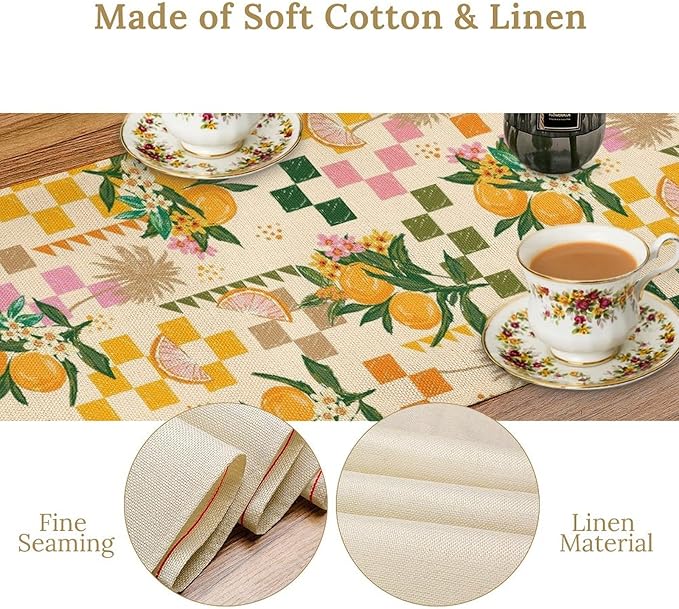 Tropical Summer Fruit Table Runner, Orange Square Grid Lemon Beach Ocean Table Runner for Kitchen Dining Party Holiday Home 13x90in