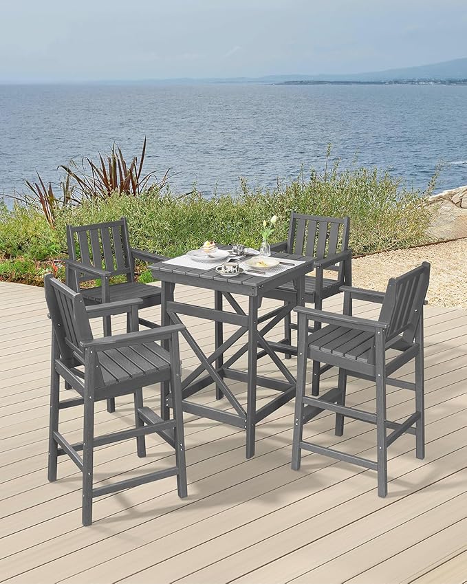 5 Pieces Adirondack Bar Chairs Set, HDPE Patio Bar Height Table and Chairs, Tall Adirondack Outdoor Bar Stools Set, HDPE Patio Bar Table Sets Furniture for Balcony, Garden, Pool, Smoke Gray