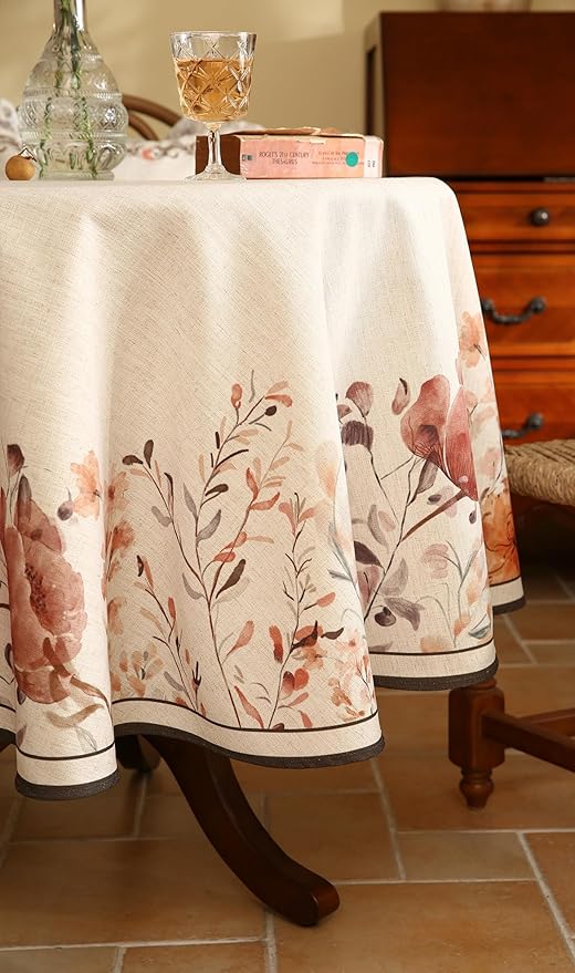 French Linen Round Tablecloth,Vintage Pink Table Floral Pattern Wrinkle Free Tablecloths,Decor Table Cover for Kitchen,Dining,Party,Thanksgiving,Christmas,Diameter 67"-Sloosa