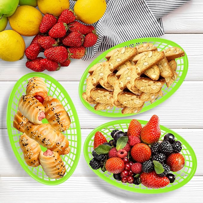 80 Pcs 9 x 5.7 Inch Reusable Oval Fast Food Baskets, Sturdy Plastic Serving Baskets for Fast Food, Parties, Picnics, BBQs and Snacks, by KUKLIPJIM.(Green)