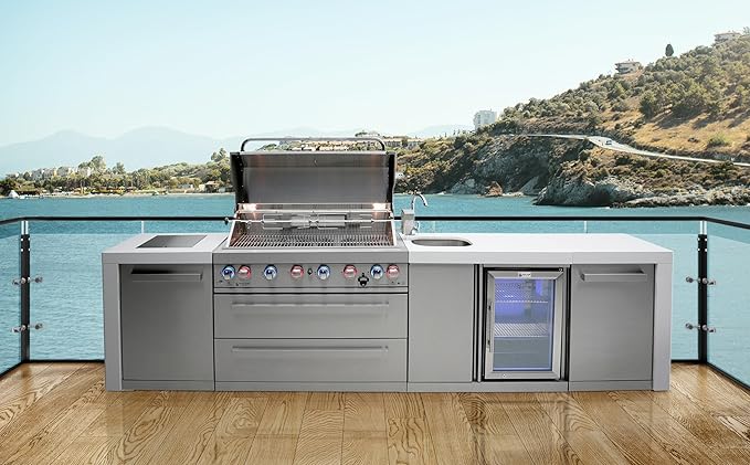 Mont Alpi MAi805-DBEV 6-Burner 115000 BTU 44-inch Deluxe Stainless Steel Island Outdoor Kitchen Gas Grill + Beverage Center Faucet and Sink + Granite Countertops + Storage Drawers and Cabinets