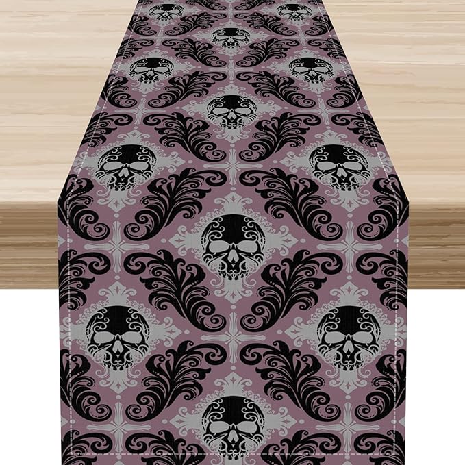 Goth Table Runner, Antique Gothic Damask Skull Baroque Style Floral Halloween Exotic Purple Coffee Vintage Table Center Decor for Kitchen and Dining Outdoor Country Party Table Decorations, 13"x90"