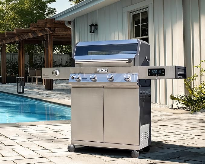 Monument Grills 4+1 Liquid Propane Gas Smart BBQ Grill, 4 Burners & 1 Side Burner, Denali 405 Stainless Steel with Smart technology, Knob Controls, Outdoor Use