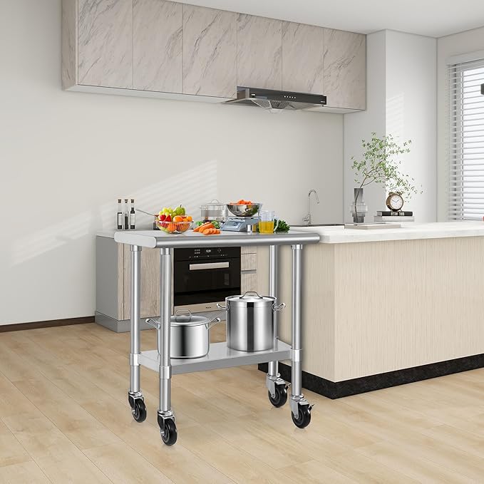 HARDURA Stainless Steel Commercial Table Prep & Work Table with Casters Heavy Duty Metal Table with Wheels NSF 430 18×36 Inches