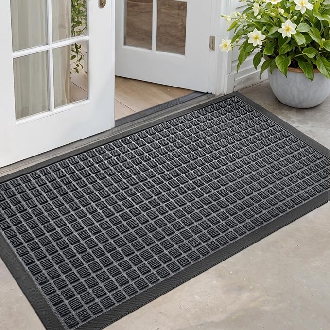 DEXI Front Door Mat Outside Entrance, 2x4 ft Rubber Entry Doormat Heavy Duty, Welcome Mats Non Slip for Inside House Floor Entryway Double Doors Exterior Patio, Checkered Grey