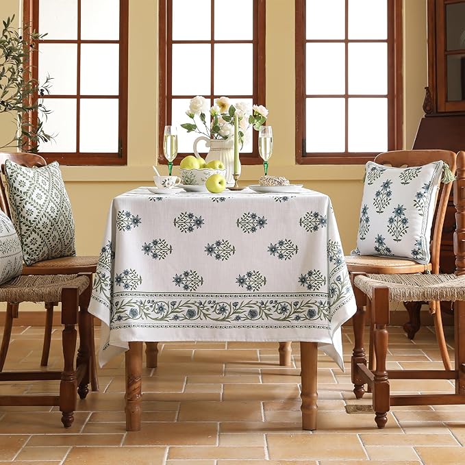 ISAENNE Designer White Linen Extra Long Tablecloth Rectangle,Chinoiserie Floral Elegant Indoor Table Cloth,Fall Stain Proof Decor Tablecloths for Dining Thanksgiving Kitchen,67"*118"-Mosella F