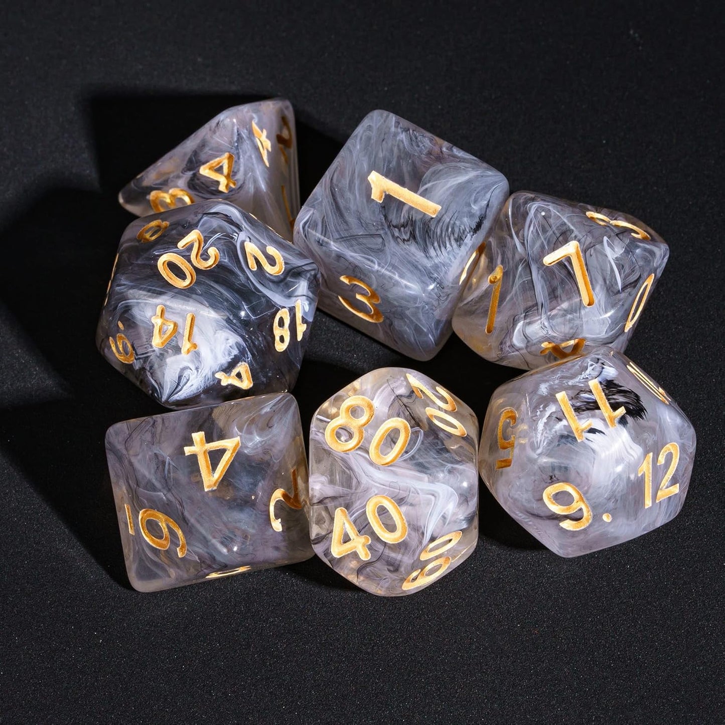 7-Die DND Dice Set Polyhedral Dice Set with a Leather Dice Bag, D&D Dice Set for RPG Table Games (Transparent Black Mix White)