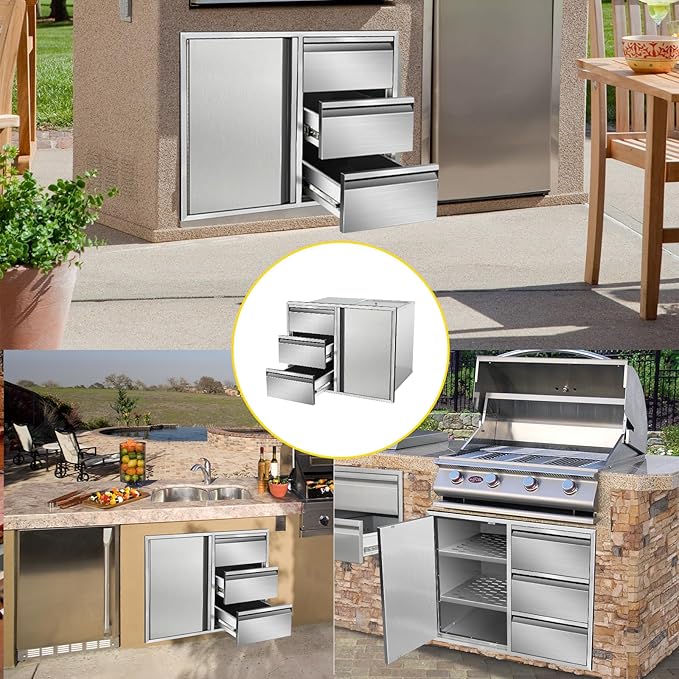 Outdoor Kitchen Door Drawer Combo Cabinet 28" W x 22" H x 19.5" D Stainless Steel Built-in Triple Drawers&Access Door Combo Cabinet for Outdoor Kitchen Island
