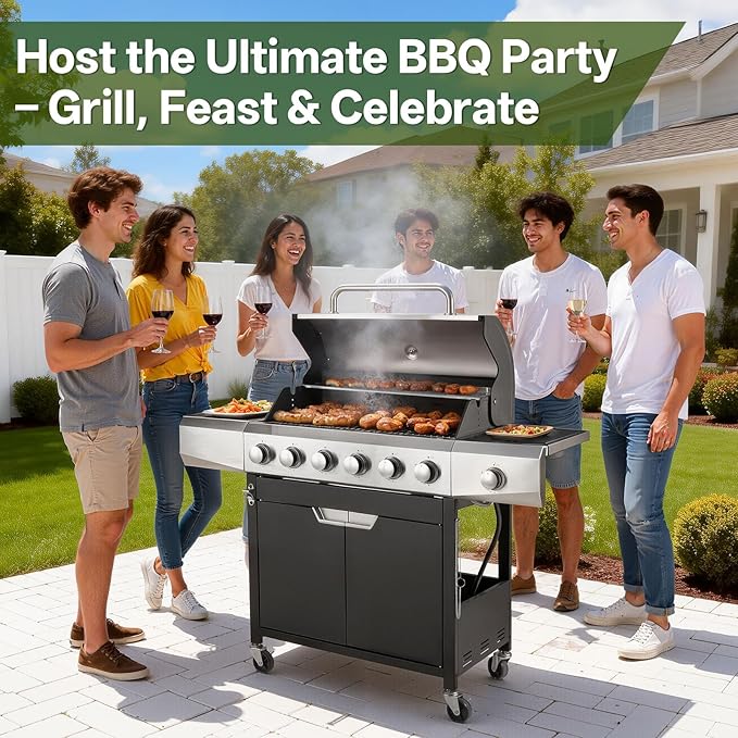Endark Upgraded 68,500 BTU 6-Burner Stainless Steel Propane Gas Grill – Outdoor BBQ Grill with Side Burner & Porcelain Grates, Barbecue Grill Wheeled for Patio, Garden, Backyard