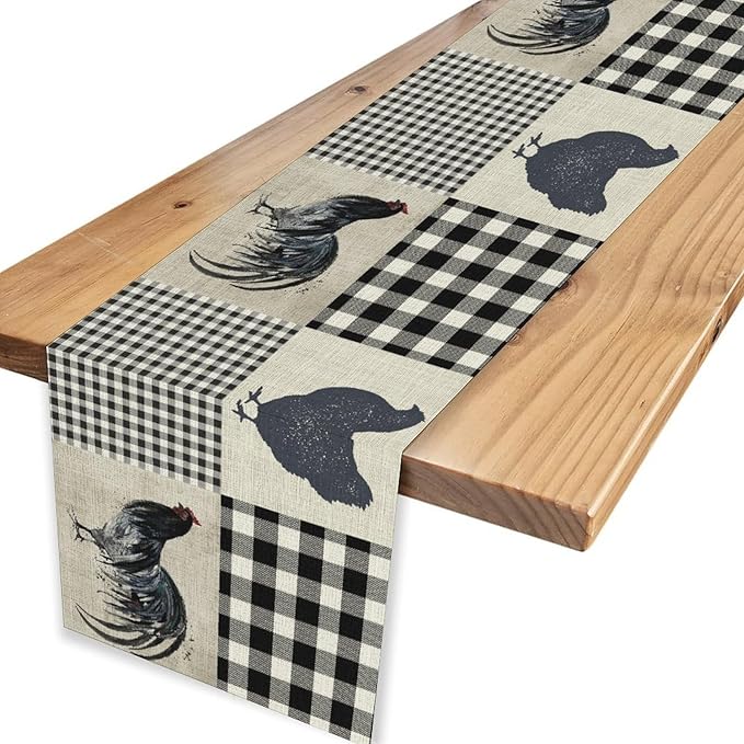 Farmhouse Rooster Table Runner, Vintage Rooster Retro Farmhouse Country Chicken Buffalo Checked Coffee Table Center Decor for Home Kitchen Dining Patio Holiday Party Table Decorations 13"x72"
