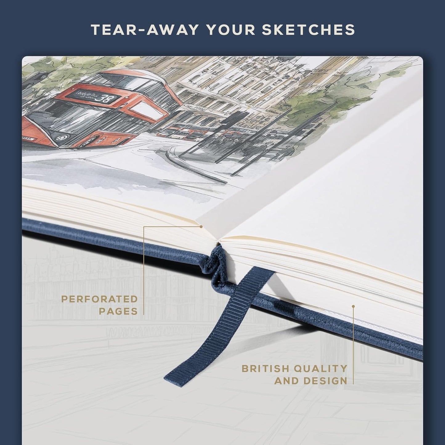 Beechmore Books Square Sketchbook – 8x8 Premium Vegan Leather Bound Large Sketch Book Hardcover with 156 Thick 160gsm Perforated Ivory Pages, Blank Sketch Pad, Gift Boxed Back Pocket, Ribbon Bookmark