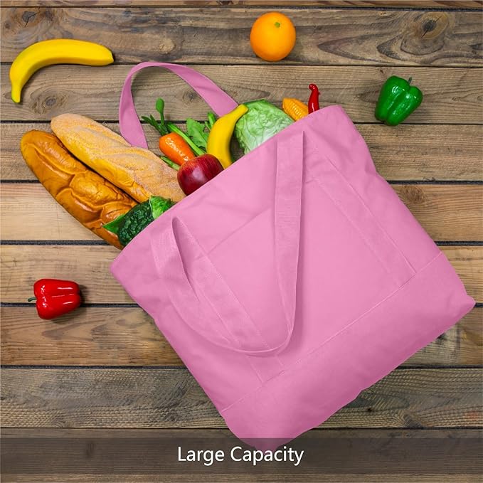 TOPDesign 3-Pack Canvas Tote Bags with an External Pocket, Reusable Grocery Shopping Bags, Top Zipper Closure, Daily Essentials (Pink)