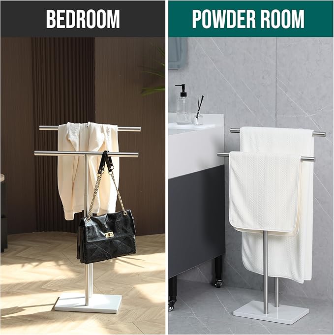 Free Standing Towel Rack for Bathroom - Brushed Nickel Finish - Stand Alone 2 Tier Stainless Steel Towel Rack for Bathroom Floor with Heavy Marble Base, Double T Shape Drying Stand for Towels