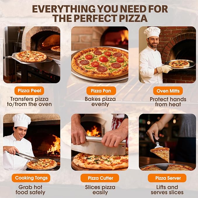 Pizza Peel Aluminum Metal Pizza Spatula Kit | 12x14 Inch Foldable Handle Paddle | 6Pcs Pizza Oven Accessories with Rocker Cutter, Pizza Pan, Pizza Server, Oven Mitts, for Family Oven Baking