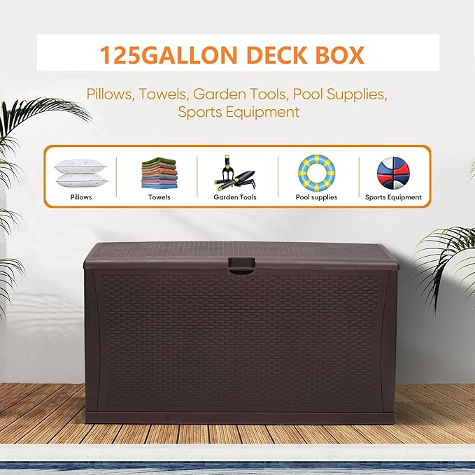 ZYJOYY 125 Gallon Resin Deck Box, Weatherproof Outdoor Storage Box for Patio, Garden, Pool, and Yard, Lockable Waterproof Bin for Tools, Cushions, and Accessories, Brown