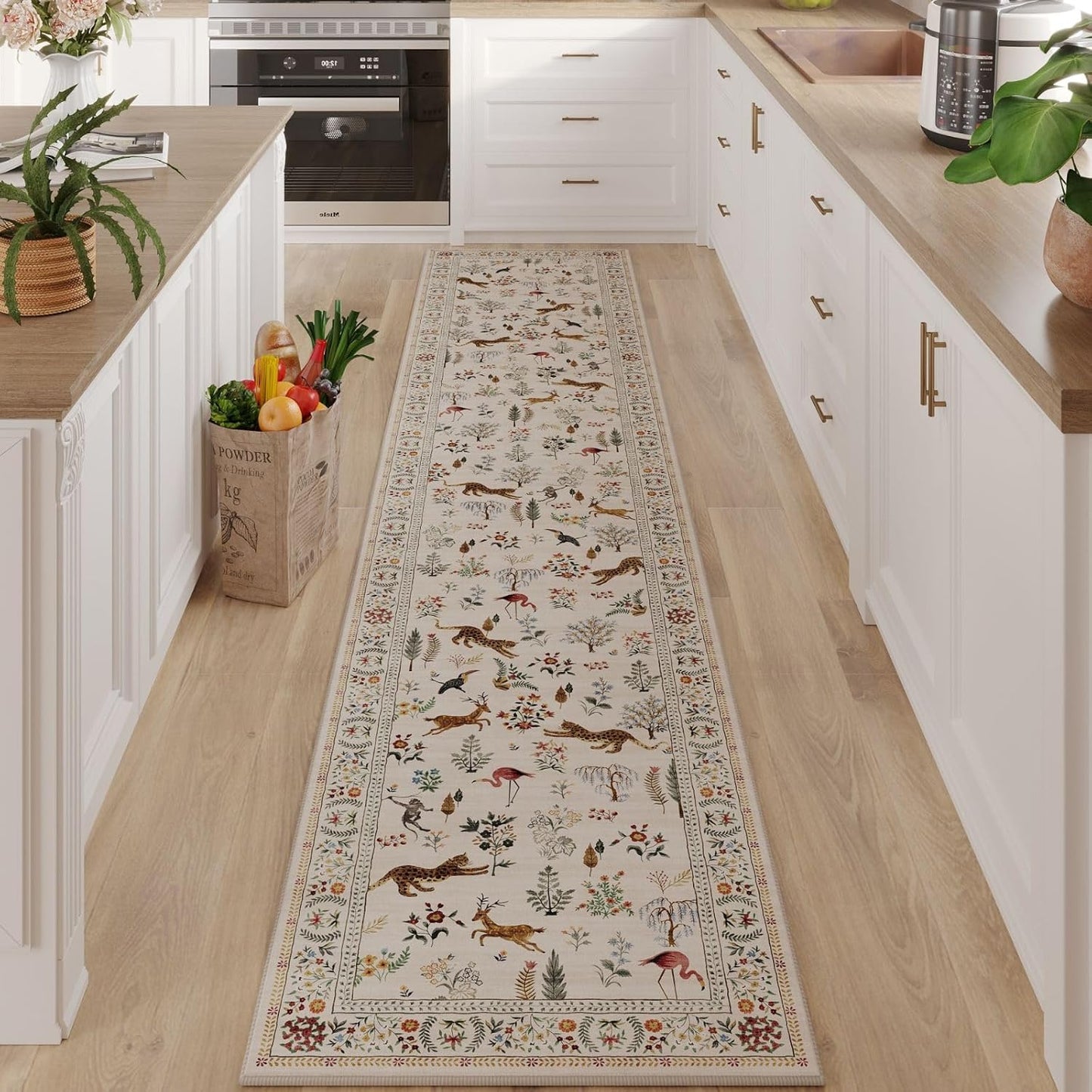 Rugcomf Runners for Kitchen Runner Rug Non Slip 2'x10' Long Washable Rugs with Rubber Backing Soft Floral Animal Carpet Runner for Kitchen, Laundry, Bedroom, Bathroom (Beige)