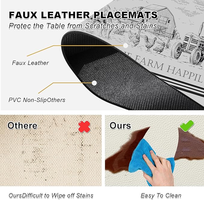 Farm Placemats Set of 4 - Farmhouse Heat Resistant Placemats for Dinner Table, Non-Slip Waterproof Oil-Proof Washable Reusable Placemat for Indoor Outdoor Kitchen Decor, 15.75In*11.81In