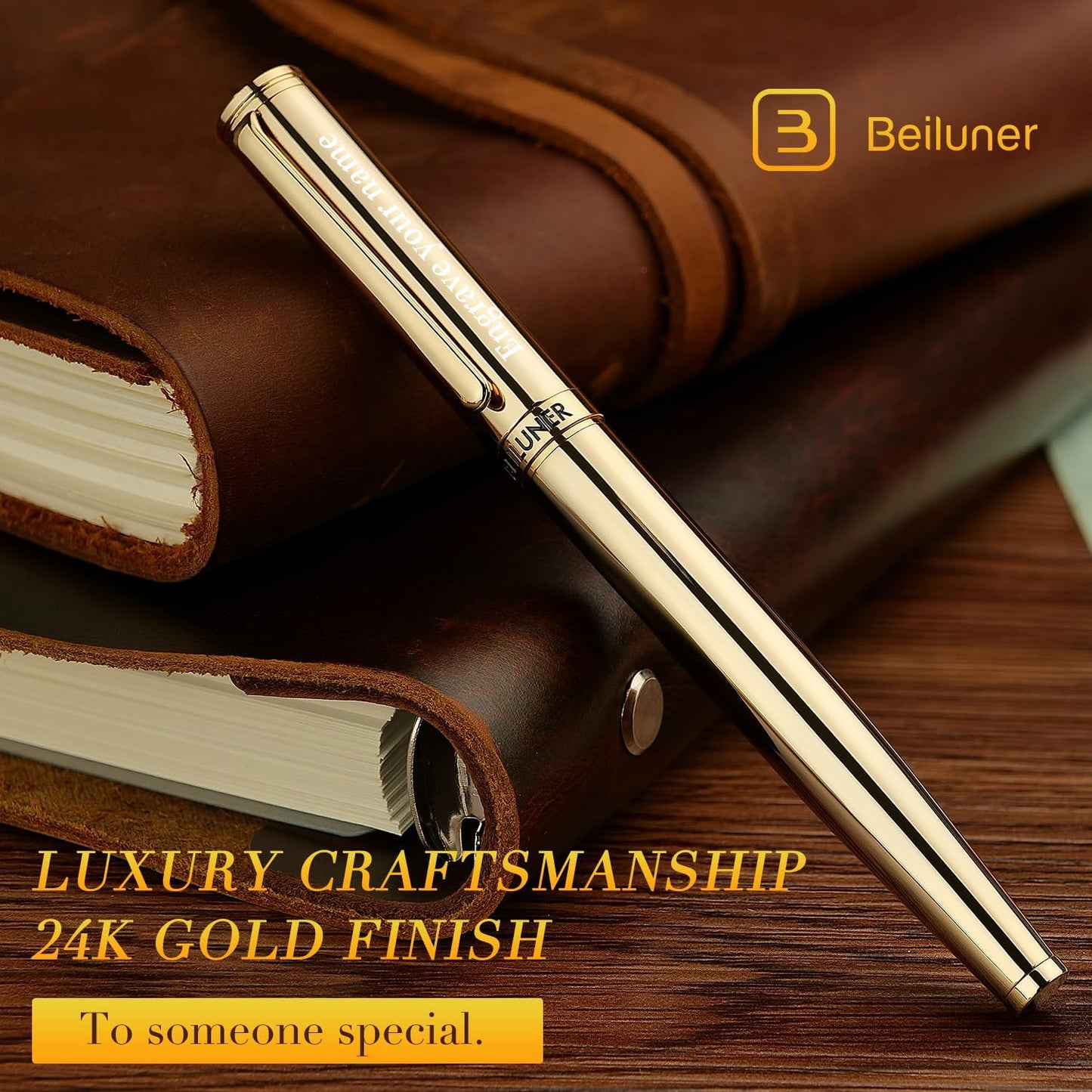 BEILUNER Luxury Personalized Gold Rollerball Pen, Stunning 24K Gold Finish, Noble and Elegant Designs,Schneider Refill, Fancy Gift Set for Men & Women, Executive Writing, Office, Nice Graduation Gift