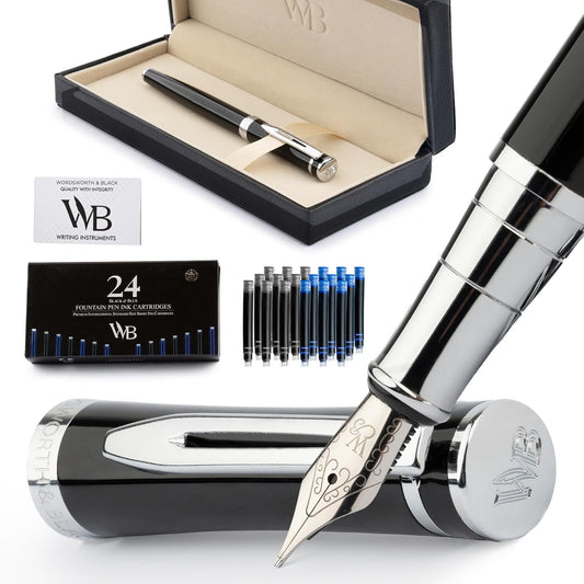 Wordsworth & Black Fountain Pen Set, Medium Nib, Includes 24 Ink Cartridges and Ink Refill Converter, Gift Case, Journaling, Calligraphy, Smooth Writing Pens [Black Chrome], Perfect for Men and Women