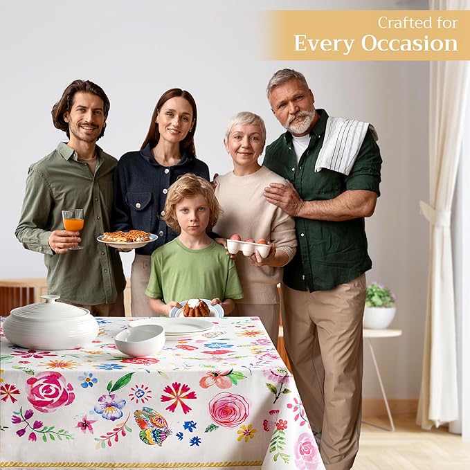 Maison d' Hermine Table Cloth Rectangle Table 100% Cotton 70 x 120 Inches Tablecloth Reusable for Dining Room, Farmhouse, Home, Party, Festive & Wedding Spring Summer - Happy Florals - Sweety