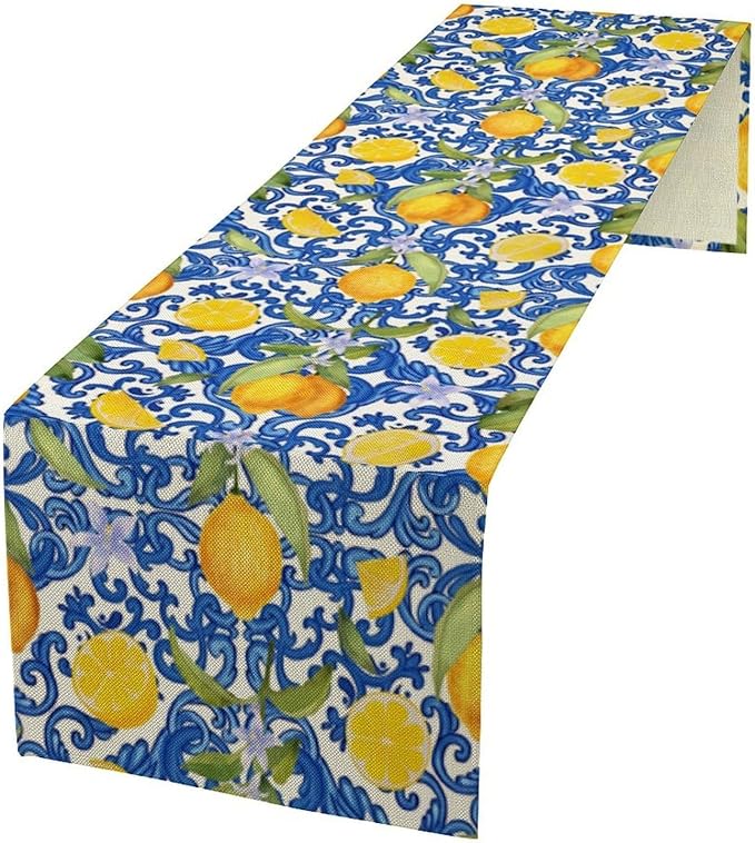 Rustic Lemon Table Runner,Vintage Morocco Blue Mediterranean Spring Summer Fruit Print Table Runner for Farmhouse Kitchen Dining Table Home Party Decor 13x90in