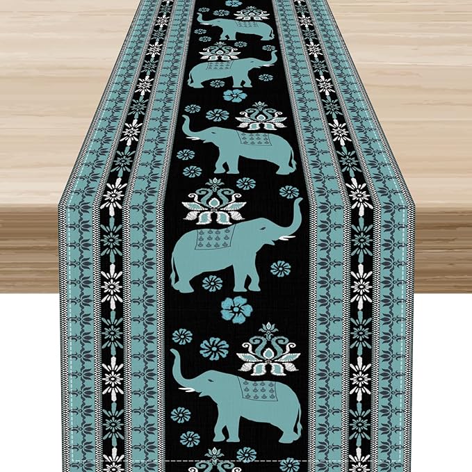 African Tribal Table Runner, Boho Elephants Tribal Traditional Indian Diwali Animal Blue Ethnic Rustic Coffee Table Center Decor for Home Kitchen Holiday Party Outdoor Table Decorations, 13"x108"