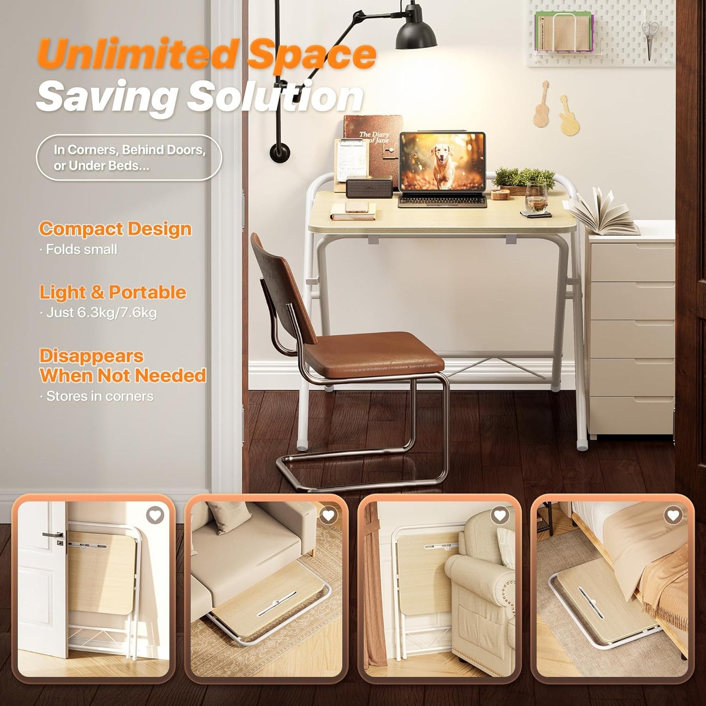 Huuger Folding Desk with 3-Level Adjustable Height and Tablet Slot, 24 Inch Foldable Computer Desk for Small Spaces, Space Saving, Writing Work Table for Home Office, Bedroom, Study, Oak