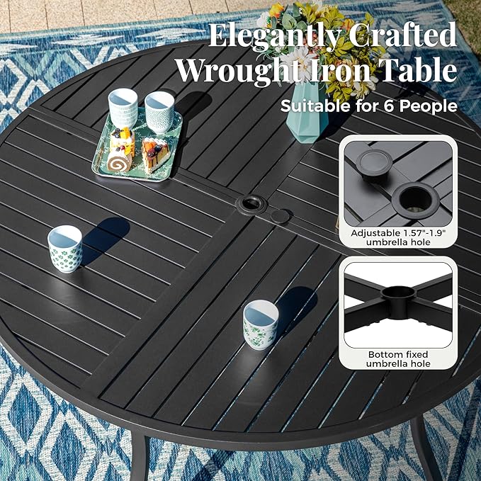 Outdoor Patio Round Dining Table for 6, 54"x 54" Metal Round Table with Adjustable Umbrella Hole, All Weather Wrought Iron Black Outdoor Table for Deck Lawn Garden Backyard, Black