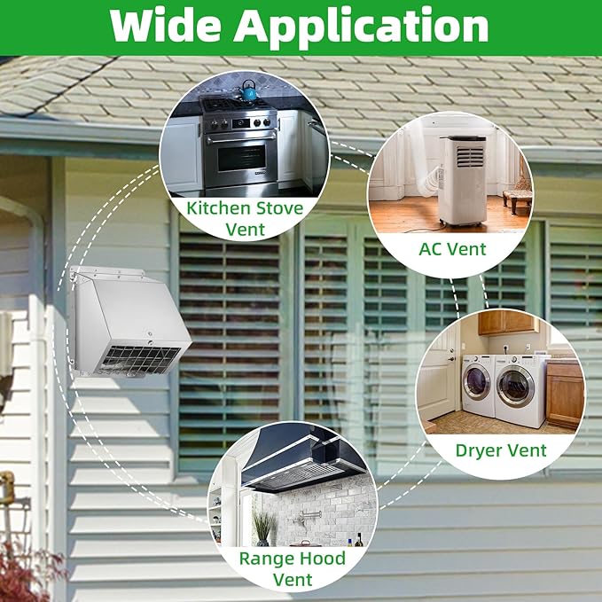 Dryer Vent Cover Outside 6 Inch Wall Vent,304 Stainless Steel Exhaust Vent Cover,External Extractor Wall Vent Cap with Mesh & Cushioned Flap,Exterior Vent Hood Outlet Air Vent for Range Hood Duct HVAC