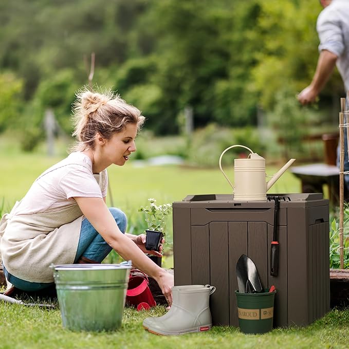 Flamaker Deck Box 31 Gallon Waterproof Resin Small Deck Box with Lid, Indoor Outdoor Package Delivery Box, Organization and Storage for Patio Furniture, Garden Tools, Outdoor Cushions (Deep Brown)