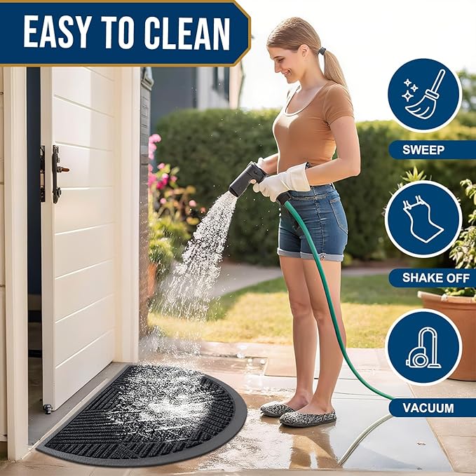 Smiry Half Circle Front Door Mat Outside Entrance, Heavy Duty Sturdy Natural Rubber Doormat, Trap Dirt and Moisture, Low Profile Mats for Indoor Outdoor Entry, Irregular Triangle (36x24, Black)