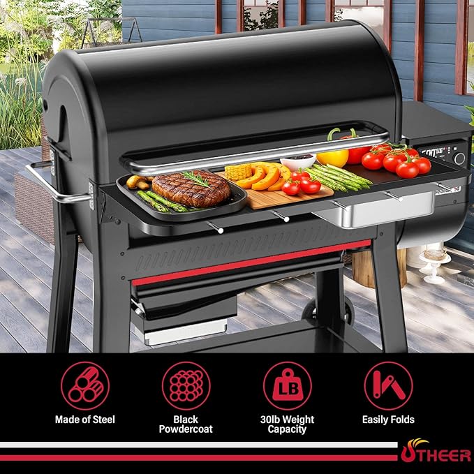 Utheer Front Folding Grill Table for Weber Searwood XL 600 – 35" x 12.5" Large Front Shelf with Stainless Steel Basin, Works Cutting Board, Lid & 5 Hooks, Heavy-Duty Weber Searwood XL 600 Accessories
