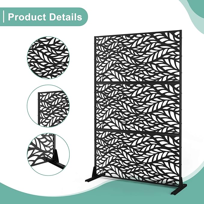 Metal Privacy Screen for Outdoor & Indoor Use, Free Standing Privacy Screen for Patio Garden Pool, 72" H x 47" W Decoative Privacy Panels, Weather Resistant, Easy Assembly (Black Spring Leaf)