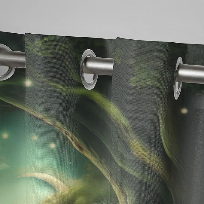 Forest Theme Waterproof Indoor/Outdoor Curtains,Trees Moon Lake Pattern,Light Filtering Curtains Outside Curtains for Porch, Gazebo, Pergola, Backyard,2 Panel,42 x 63 inch,Green