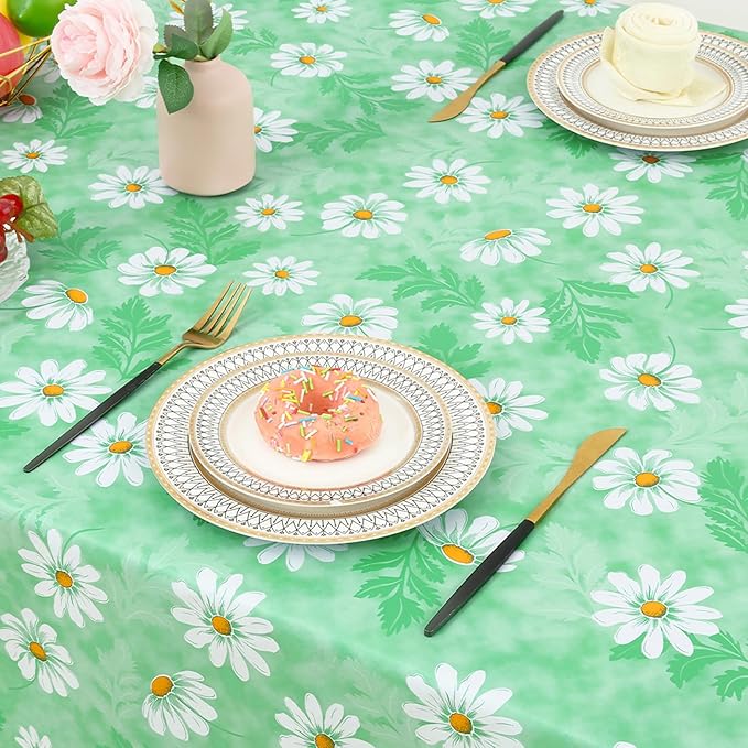 misaya Rectangle Waterproof Vinyl Table Cloth, Wipeable Tablecloth with Flannel Backing, Plastic Table Cover for Dinner, Picnic, Indoor and Outdoor (Green Daisy, 52" x 70")