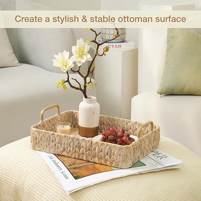 Set of 2 Rectangular Wicker Trays with Handles - Decorative Trays for Coffee Table, Ottoman, Dining Room, Living Room (White)