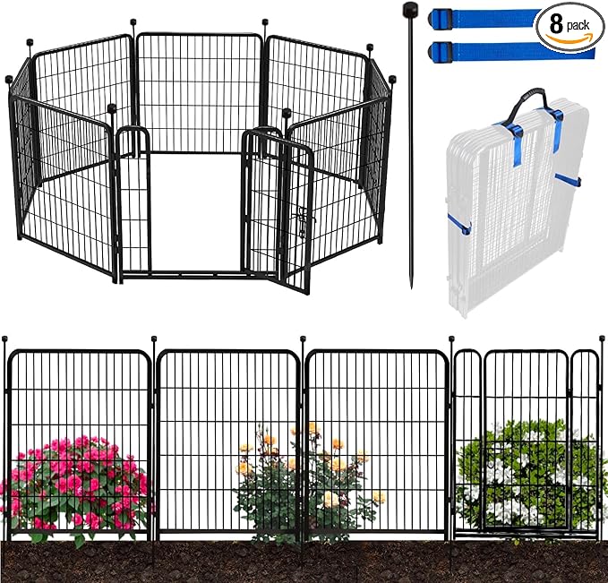 ADAVIN Tall Garden Fences and Borders for Dogs, Low Threshold Door, 48 in(H) 8 Panels Total 17.7 Ft(L) Dog Fences for The Yard, Modular Fencing, Garden Fence with Gate, Pet Fence