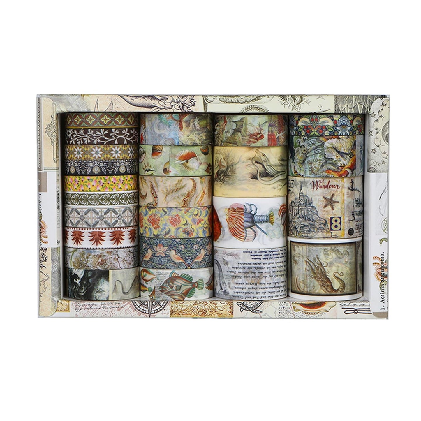 Vintage Washi Tape Set - 24 Rolls Arts Adhesive Tapes Assorted Retro Decorative Masking Tape Sets for Craft, Kids, Scrapbook, DIY, Gift Wrapping (3-Ocean Odyssey)