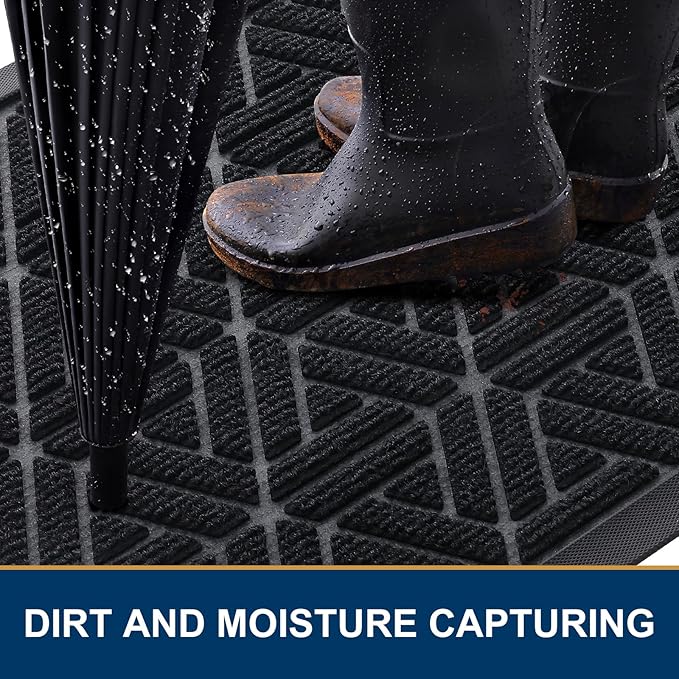 Smiry Front Door Mat Outside Entrance, Heavy Duty Sturdy Natural Rubber Doormat, Trap Dirt and Moisture, Easy Clean Low Profile Mats for Indoor Outdoor Entry, Grid Geometric (71x47, Black)