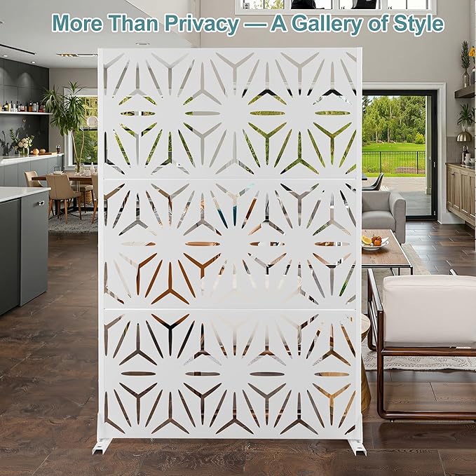 Metal Privacy Screen Outdoor Freestanding Privacy Wall Panels and Decorative Patio Dividers, Crafted from Steel with Sun-Proof Design, Ideal for Patio, Deck, Garden,72" H×47" L,（White&Star）