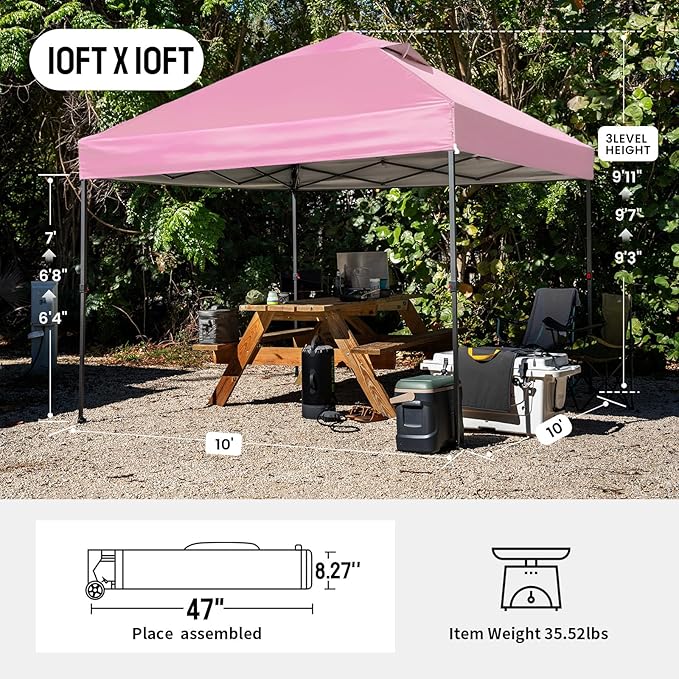 CROWN SHADES 10x10 Pop Up Canopy Tent - Patented Center Lock One Push Instant Outdoor Canopy Beach Tent with STO-N-Go Bag 8 Stakes & 4 Sand Bags，Pink