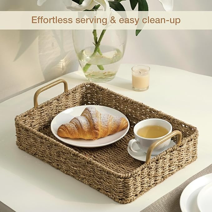 Set of 2 Rectangular Seagrass Trays with Handles - Decorative Trays for Coffee Table, Ottoman, Dining Room, Living Room