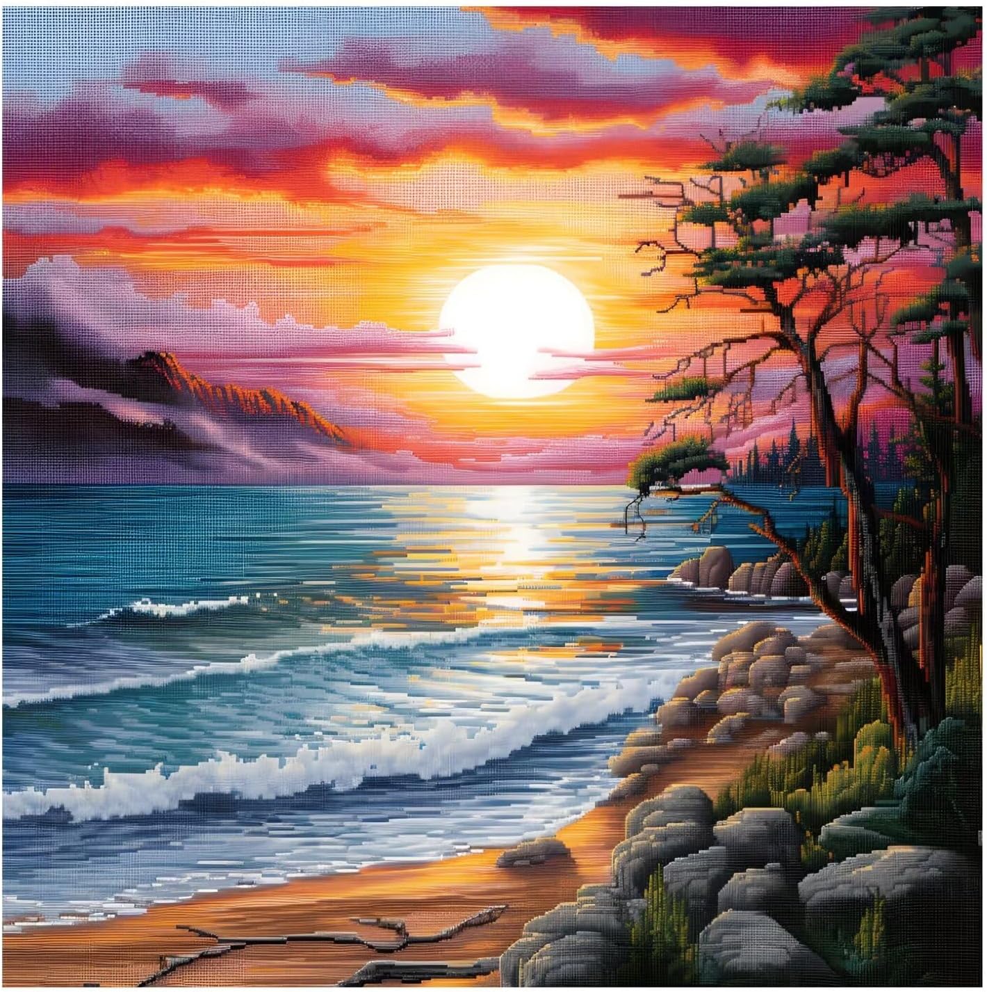 Xinpinzhou Seaside Landscape 11ct Cross Stitch Kits, 11 CT Funny Pre Printed Counted Stamped Cross Stitch Embroidery Needlepoint Patterns Kits for Beginners Adults Crossstitch 40x40 cm
