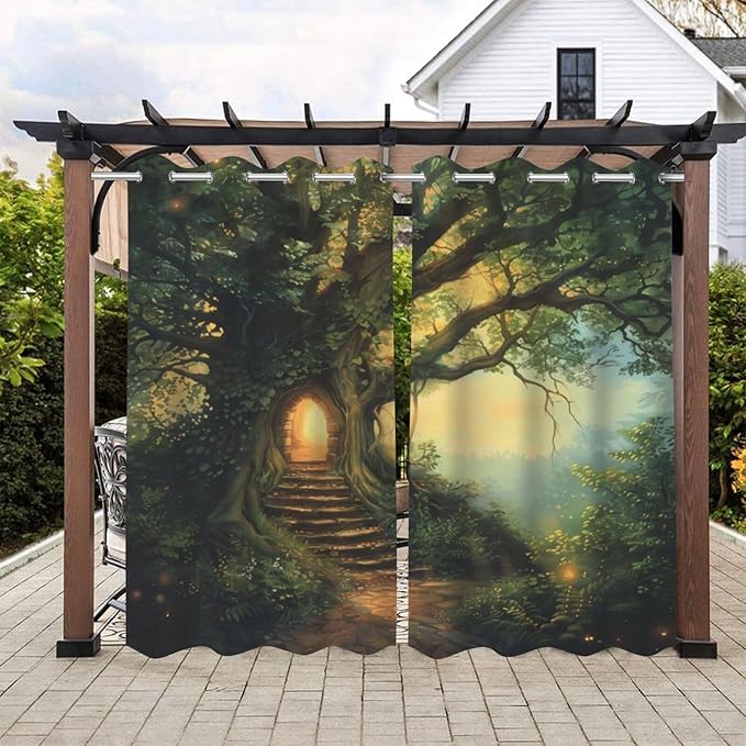 Fantasy Theme Waterproof Indoor/Outdoor Curtains,Forest Pattern,Grommet Curtain for Bedroom, Porch, Living Room, Pergola, Cabana,2 Panel,42 x 63 inch,Green