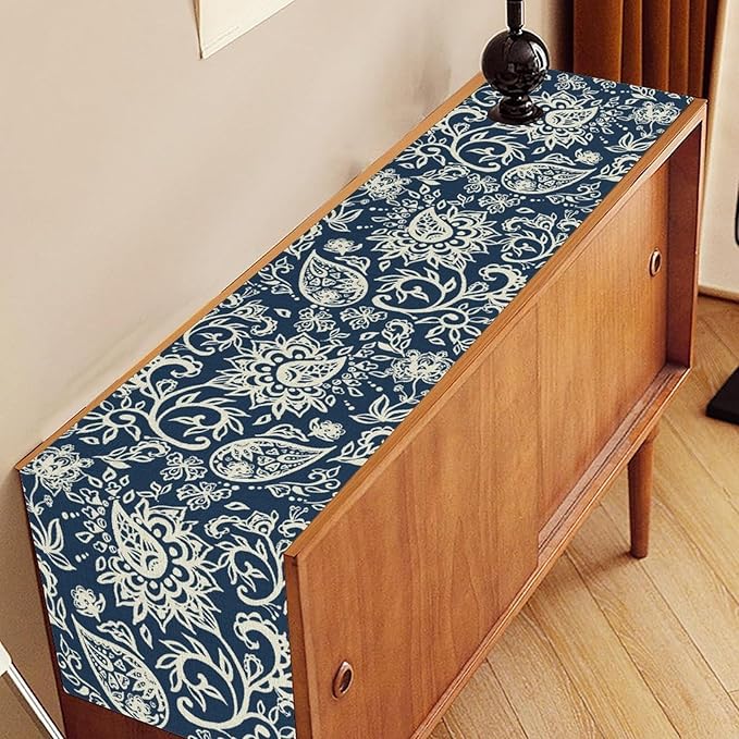 Blue Paisley Table Runner, Vintage Damask Antique Floral Flower Boho Damask Swirled Rustic Coffee Table Center Decor for Family Kitchen and Living Room Outdoor Table Decorations, 13"x36"