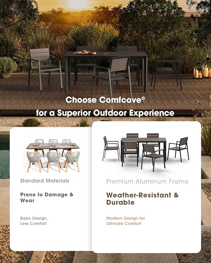 Patio Outdoor Dining Set for 6, Aluminum 7 Piece HDPS Outdooor Table and Chairs Set with Umbrella Hole, Modern Rectangular Patio Furniture Set with All-Weather Table & 6 Chairs (Charcoal)