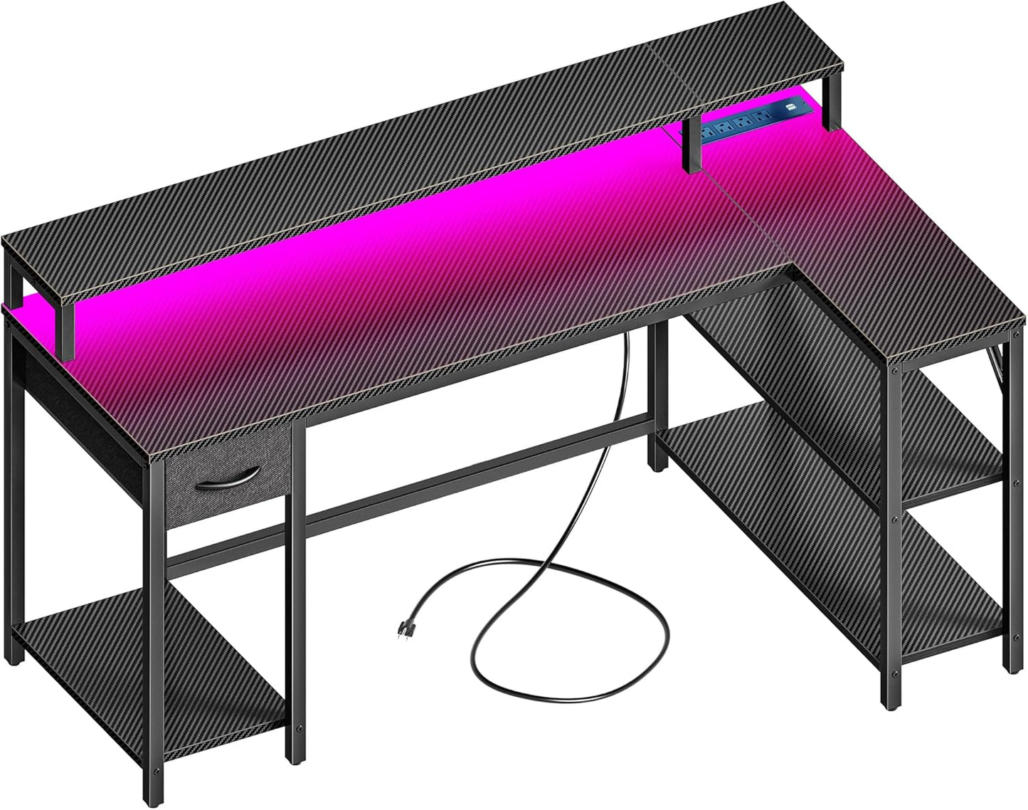 SUPERJARE 53 inch Reversible L Shaped Desk with LED Lights & Power Outlets, Computer Desk with Shelves & Monitor Stand, Gaming Desk with Drawer, Home Office Desk Corner Desk, Carbon Fiber Black